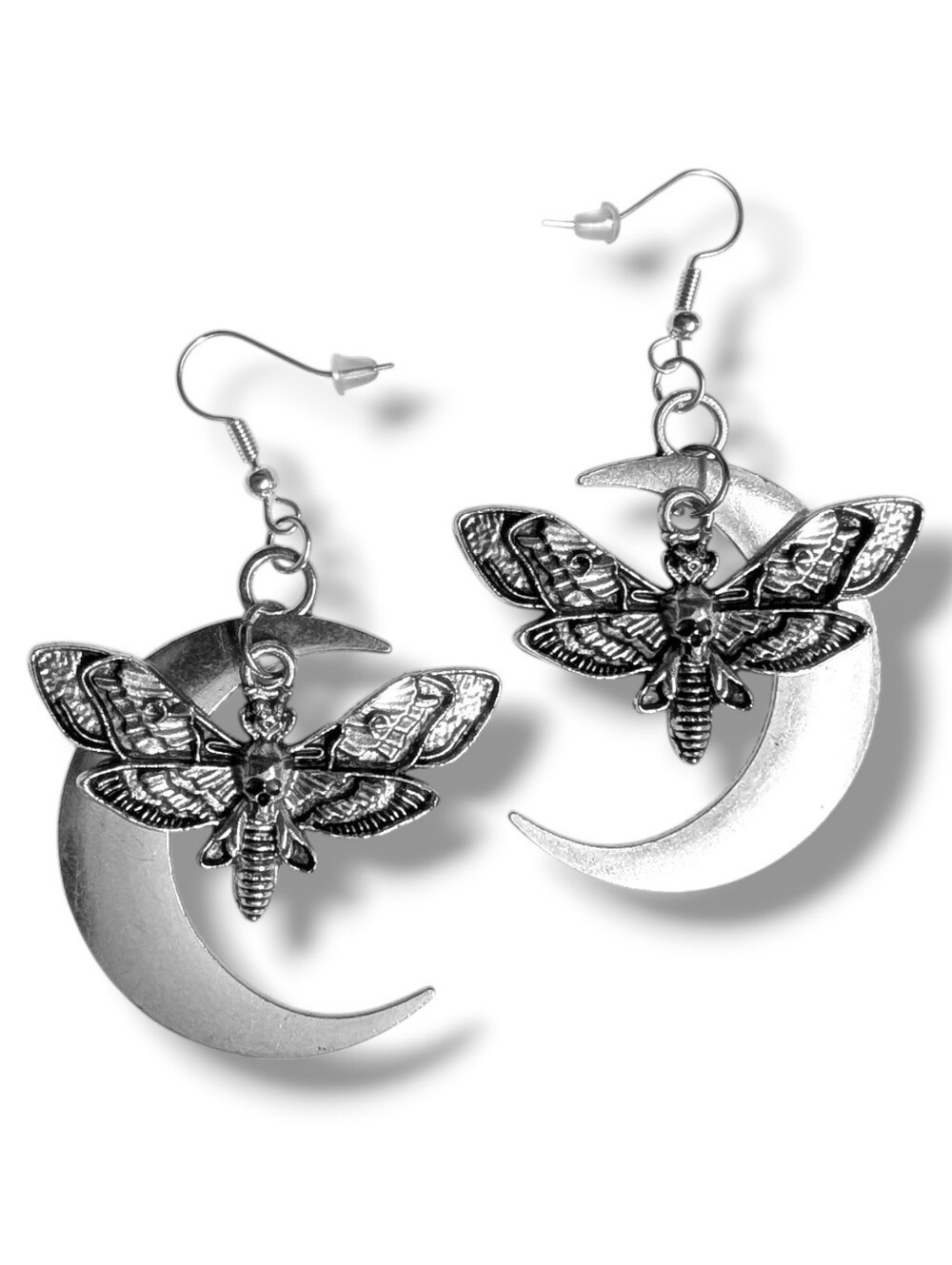 NWT Handmade Silver Crescent Moon Silver Death Moth Layered Earrings
